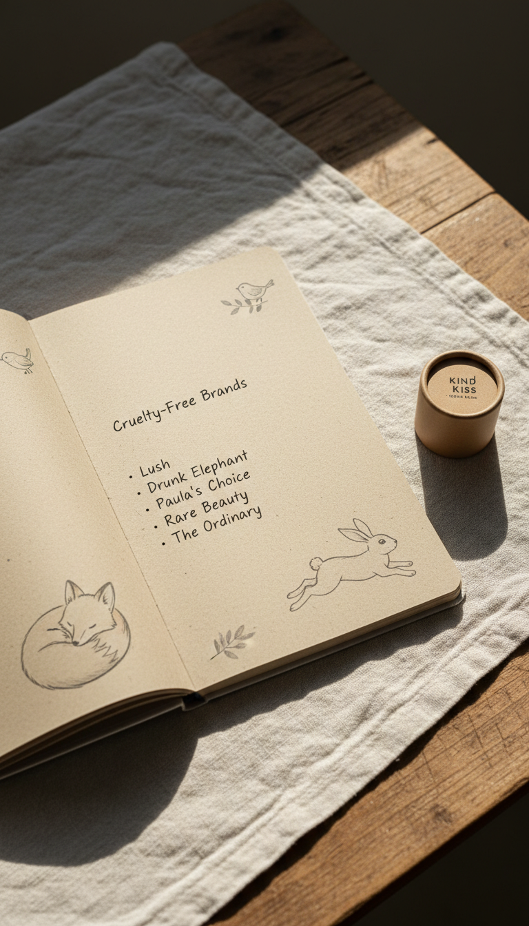 An open journal crafted from recycled paper lies flat on a linen-draped, rustic wooden table. The page features a hand-written list of cruelty-free brands, with small, delicate illustrations of animals like rabbits and foxes subtly sketched around the edges. Beside the journal rests a cruelty-free lip balm in a simple, matte container. Soft midday daylight filters through a nearby window, casting gentle, diffuse shadows and lending a warm, inviting glow to the scene. Photographed from overhead with a shallow depth of field focusing on the journal, the clean, modern composition and organic materials communicate intentional, mindful living for animal welfare advocates.