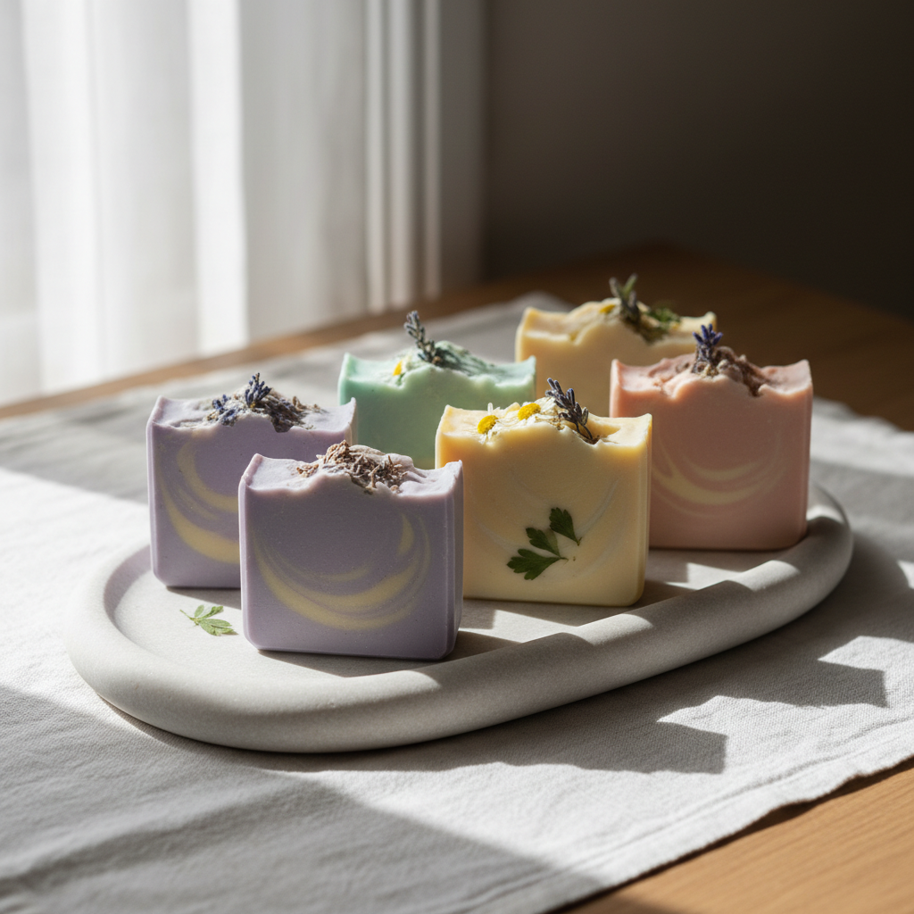 A serene still life of natural, vegan soap bars with pressed botanical elements like lavender sprigs and chamomile flowers resting on a smooth river stone tray. The bars feature marbled pastel colors and a creamy matte texture, arranged on a white linen cloth. Sunlight diffused through a sheer curtain bathes the scene in soft light, creating gentle shadows and subtle glimmers on the soap edges. The image is shot at eye level with a balanced, rule-of-thirds composition, embracing a minimalist aesthetic and calm, soothing atmosphere in support of ethical, cruelty-free living.