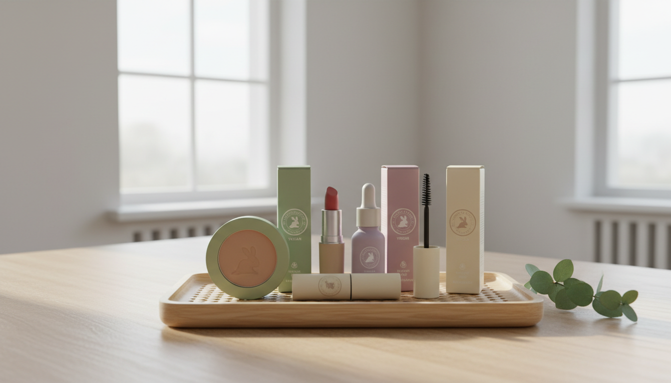 A collection of cruelty-free cosmetics neatly arranged on an eco-friendly bamboo tray, each product housed in recyclable packaging with soft, natural color palettes like sage green, earthy beige, and muted lavender. The tray sits atop a light, unfinished wooden surface in a sunlit, uncluttered room with a subtle touch of organic decor—perhaps a tiny sprig of eucalyptus nearby. Gentle morning sunlight streams in from the left, creating soft highlights and shadow gradients that accentuate the packaging textures. Captured from a slightly elevated angle with a clean, centered composition, the image evokes a serene and ethical lifestyle, with a minimalist, photographic realism that underscores the commitment to conscious animal welfare.
